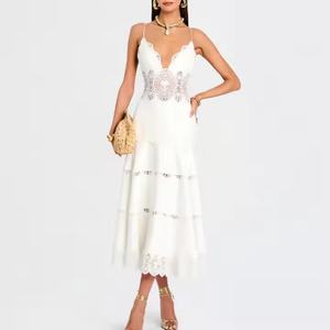 เดรสลูกไม้ลายดอกไม้ฤดูใบไม้ร่วงคุณภาพสูงราคาถูกมาใหม่ เดรสสายเดี่ยวผ้าฝ้ายทรงแม็กซี่ลำลองสำหรับผู้หญิง - Product Image 1