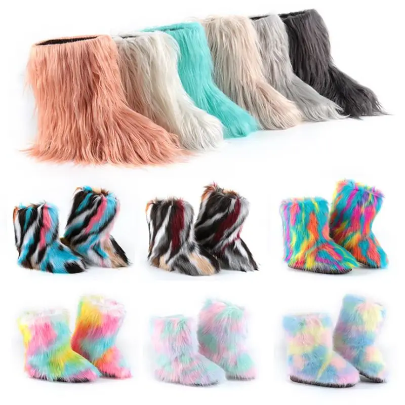 Snow Boots Set with Matching Purse and Headband High Winter Ladies Winter Shoes Faux Fluffy Fur Warm Furry Fur Plush for Women