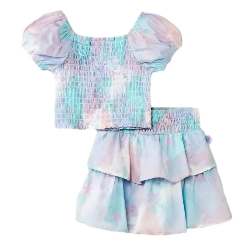 Neuestes Design Sommer super cool dünn gewebte Baumwolle Mädchenbekleidung-Sets Puffärmel-T-Shirts Röcke zweiteiliges Kinderbekleidungs-Set