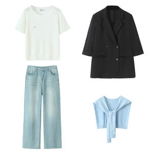 ชุดเสื้อถักผู้หญิงไซส์ใหญ่ ดานเรน พร้อมกางเกงยีนส์และเสื้อเบลเซอร์ สีพื้น ชุดลำลองสำหรับทำงาน เหมาะสำหรับผู้ใหญ่ - Product Image 1