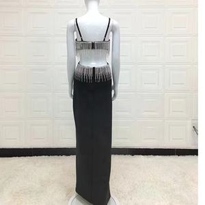 Feishiluo nouvelle <span class=keywords><strong>robe</strong></span> de soirée <span class=keywords><strong>noire</strong></span> Sexy fendue princesse <span class=keywords><strong>longue</strong></span> <span class=keywords><strong>robe</strong></span> avec mince Spaghetti sangle gland perlé décoration pour la fête - Product Image 2