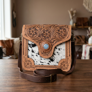 Bolso Bandolera de Cuero con Diseño Floral para Mujer, Estilo Occidental con Concho de Piedra Azul - Product Image 3
