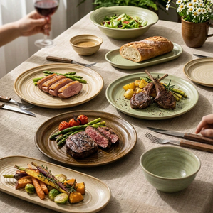 Plato Redondo de Cerámica Estilo Japonés de 8.2 Pulgadas, Esmaltado en Horno, con Textura Acanalada, para Restaurante u Hogar, para Bistec o Ensalada - Product Image 1