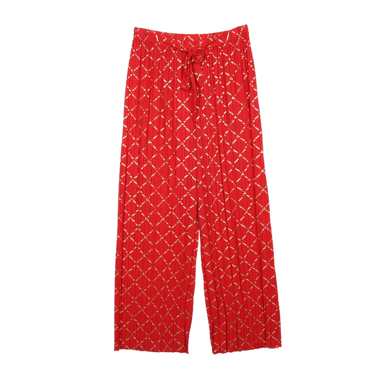 Nuovo arrivo tinta unita Casual nappe pantaloni fessura coulisse frangia donna gamba larga nappa rossa pantaloni