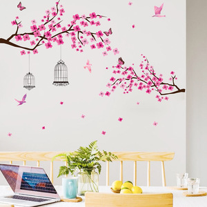 Rose pêche <span class=keywords><strong>arbre</strong></span> branches oiseau cage sticker mural salon chambre fond <span class=keywords><strong>d</strong></span>écoration papier peint PVC autocollant - Product Image 1