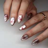 Ongles à presser effet vintage avec nœuds, motifs œil-de-chat champagne, rouge bordeaux, éclats d'étoiles et pois, en acrylique, logo personnalisable
