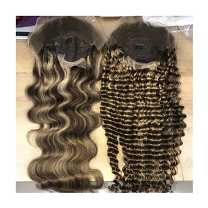 Peluca de cabello humano real para mujer, pelo lacio indio crudo resaltado marrón y Rubio atado a mano Popular con Frontal de encaje - Product Image 1