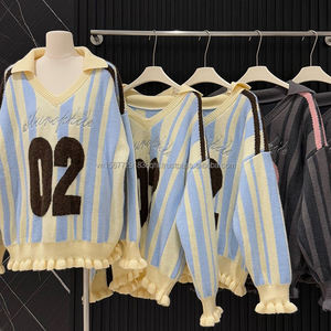 Pull en maille douce et ample à col en V avec blocs de couleur et dentelle, style coréen, personnalisable, pour femme, collection début d'automne - Product Image 6