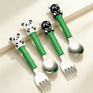 Cute Panda Bamboo Handle 304 Stainless Steel Spoon Fork <b>Set</b> For Kids Eating Utensils - Product Image 1