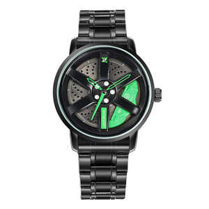 Small MOQ <strong>Black</strong> Color Stainless Steel Band Fashion Style Quartz Movement Alloy Wheel Rim Wrist <strong>Watch</strong> Spinning 360 - Product Image 5