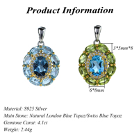 Bijoux en argent 925 plaqué rhodium et or gracieux pendentif en topaze bleue de Londres naturelle/topaze bleue suisse pour femmes vêtements quotidiens