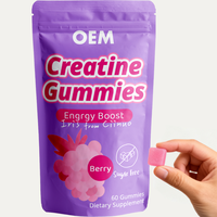 Gummies de créatine monohydrate pour adultes OEM, sans sucre, supplément pré-entraînement, bonbons gélifiés végétaliens à mâcher, 60 unités, sans OGM, faibles en glucides