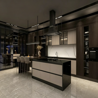 Meuble de cuisine moderne en bois laqué brillant avec îlot en contreplaqué MDF et placard de rangement en aggloméré avec évier pour cuisine de villa