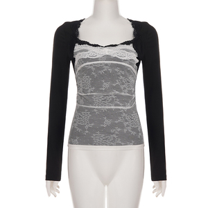 Camiseta francesa Pure Desire con cuello cuadrado, encaje, combinación de colores en contraste, corte ajustado, estilo vintage, versátil, para el día a día. - Product Image 6