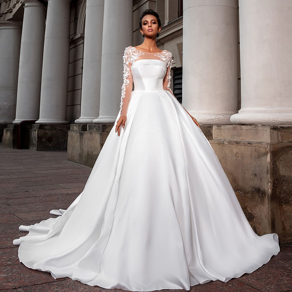 Long Sleeves Aliexpress Wedding Dresses 2019 Long Sleeve Lace Wedding Gown:  A Line Floral Applique Bridal Dress