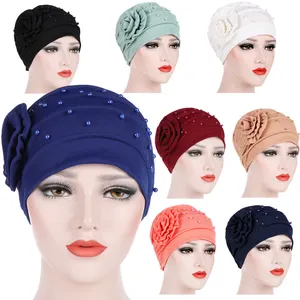 Turban de luxe à disque latéral pour femmes, perle à ongles, fleur, Hijab musulman, casquette de tête, couleur Pure, chapeau de lune, Turban pour femmes