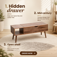 Table basse carrée FONDLIVE en chêne avec plateau relevable, design scandinave moderne en bois, 3 tiroirs, marron classique personnalisé