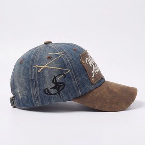 Casquette de baseball vintage en denim et coton lavé, 6 panneaux, avec patch en cuir gaufré personnalisé, style streetwear - Product Image 3