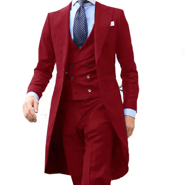 2023 New Arrival l Long Coat Designs Chinese Red Men Suit Gentle men Tuxedo Prom Blazer Custom 3 Pieces (Jacket+vest+Pants)