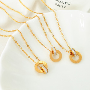 European Style Roman Numeral Double Ring Necklace 18K Gold Plated <b>Titanium</b> Steel Jewelry Gift for Women Geometric Design - Product Image 2