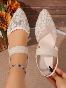 Women Floral Embroidery Mesh Slingback <b>Sandals</b> Pointed Toe <b>Elastic</b> Strap Flat Ladies Summer Dress Shoes - Product Image 6