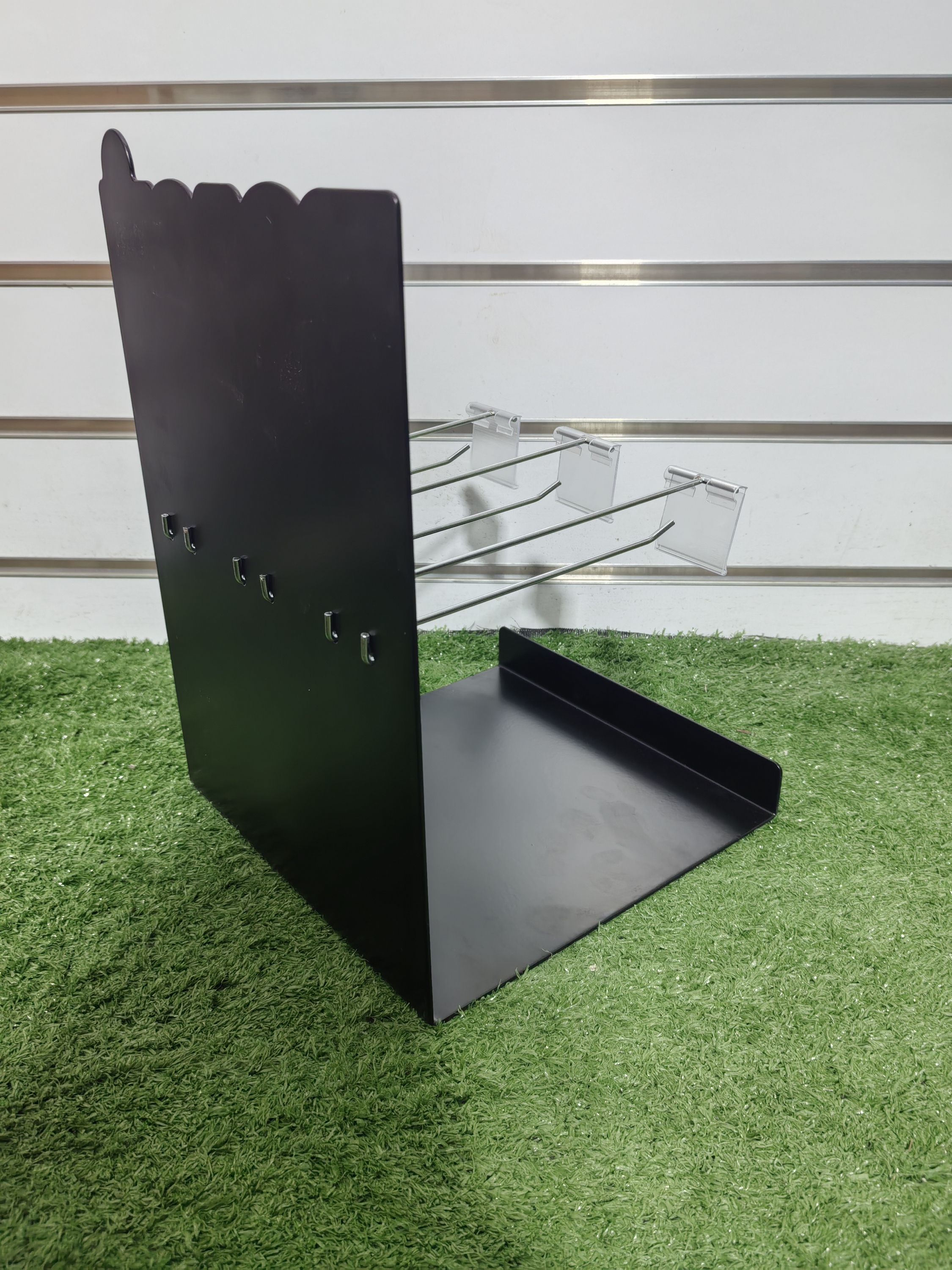Small L-shaped Metal Display Rack with a Black Finish, Snack Counter Top Stand with 3 Hooks for Retail Shops. — view 2