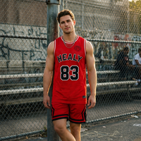 Maillot de basketball personnalisé à impression numérique, respirant, service OEM, rouge, sans manches, coupe ajustée, 100 % polyester, col rond
