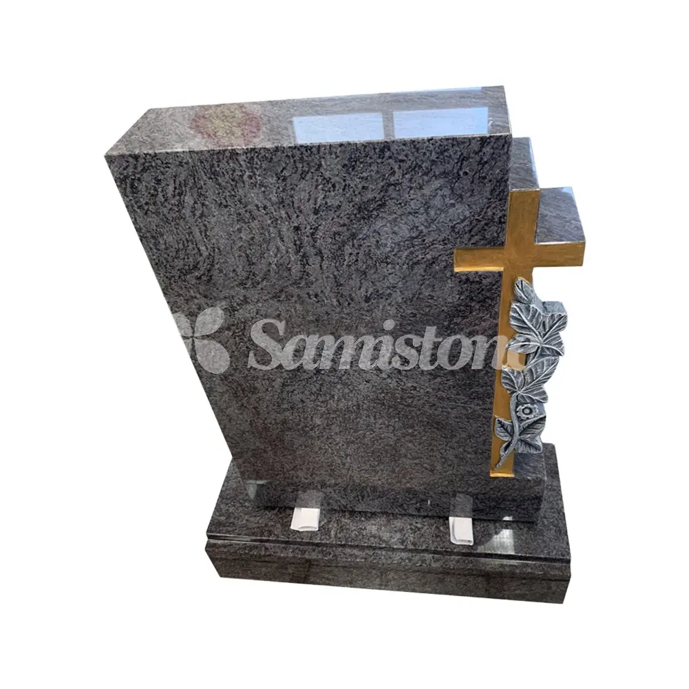 Gothic Cross Carving Tombstone Upright Headstone Black Grey Granite American Style Tombstone and Monument with Gold Paint