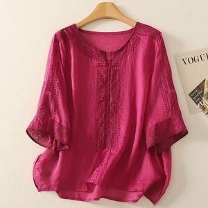 Chinese Style Cotton <b>Linen</b> Embroidered V Neck Short Sleeve T Shirt Women Summer Loose Fit <b>Plus</b> <b>Size</b> Literary <b>Top</b> - Product Image 3