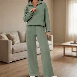 Ensemble Athleisure Femme PASUXI Vintage Automne Uni 100% Coton Extensible Quadridirectionnel Taille Haute Jambe Large Jogger Survêtement 2 Pièces - Product Image 3