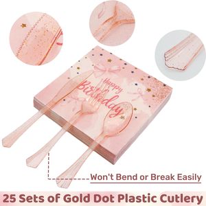 Ensemble <span class=keywords><strong>de</strong></span> vaisselle d'<span class=keywords><strong>anniversaire</strong></span> jetable avec nœud rose Décoration <span class=keywords><strong>de</strong></span> fête d'<span class=keywords><strong>anniversaire</strong></span> à pois dorés Fournitures <span class=keywords><strong>de</strong></span> fête Assiette en papier Tasse Serviette - Product Image 5