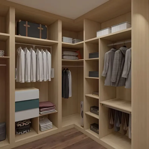 Système de dressing en L en bois clair avec étagères ouvertes multi-niveaux, tringles de suspension et tiroirs – Organisateur de chambre - Product Image 1