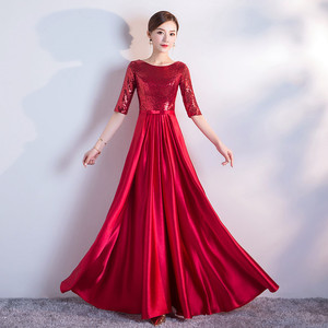 Women's Long Choir Dress Gold Satin 3/4 Sleeve Stage Performance Evening Gown Adult Formal Wear - Product Image 2