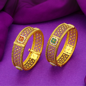 Traditional gold <b>bangles</b> with floral enamel design and filigree pattern elegant bridal kada <b>set</b> handcrafted ethnic jewelry - Product Image 1