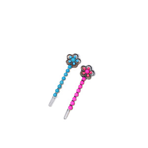 2PCS New Retro Bowknot Turquoise <strong>Hair</strong> <strong>Clip</strong> <strong>Set</strong> - Pink &amp; Blue Geometric Pattern Inlay - Chic Western Style Bobby Pins for Women - Product Image 5