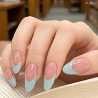 Faux ongles à presser 3D en relief, motif amande française dégradé bleu rose, pour femmes, en matériau ABS, embouts portables