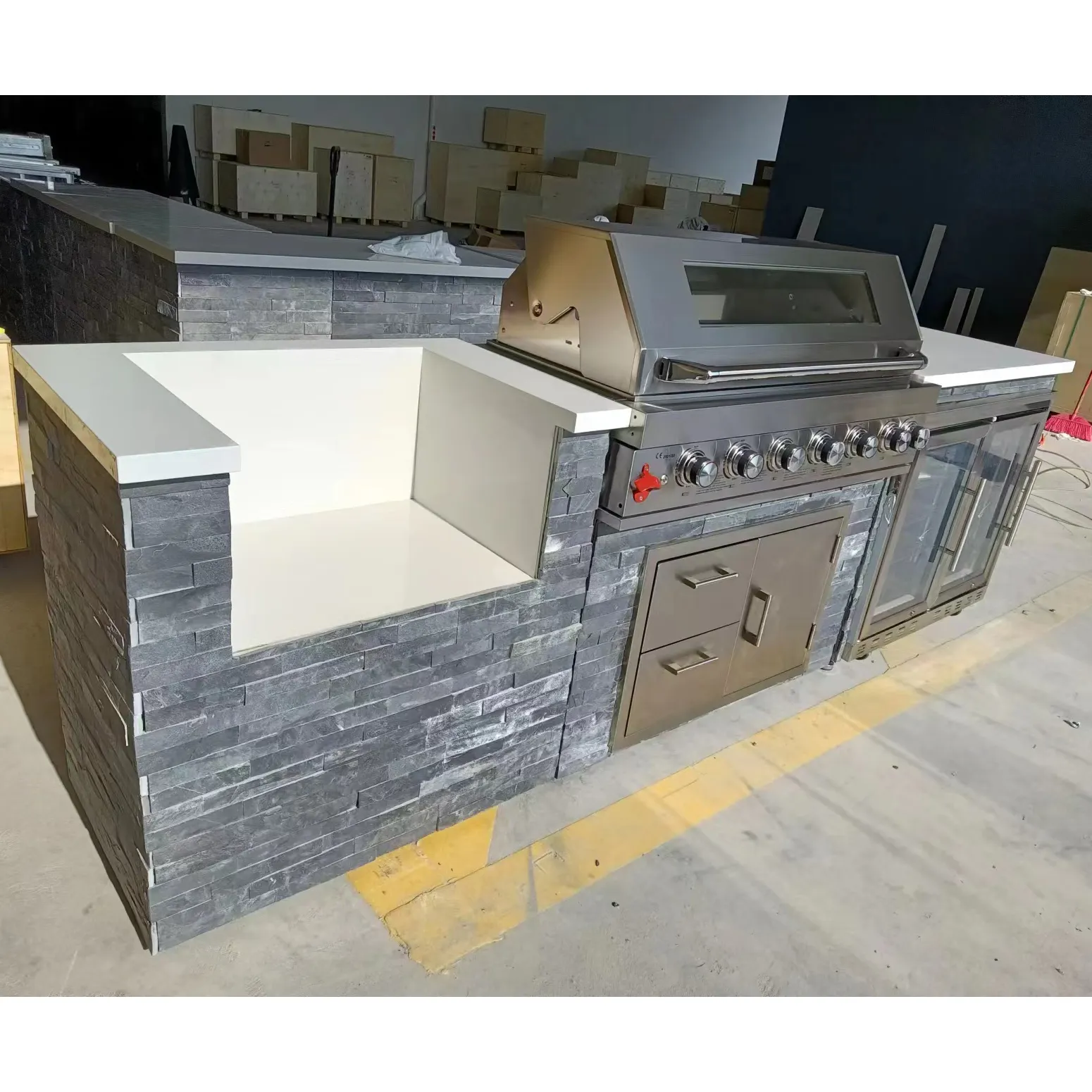 Modular Stone Veneer Outdoor Kitchen with Powder Coated Gas Grill Island