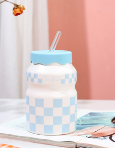 Tasses à café en céramique créatives et mignonnes de 460 ml pour enfants, avec paille et couvercle - Product Image 5