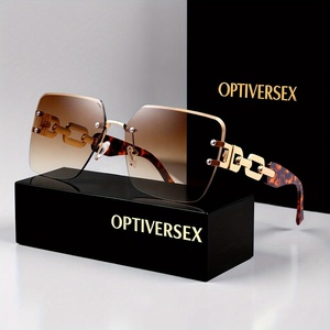 1 par de <span class=keywords><strong>gafas</strong></span> de mujer cuadradas de lujo y a la moda - Lentes degradados extragrandes, montura con <span class=keywords><strong>cadena</strong></span> de metal dorado, varios colores - Product Image 2