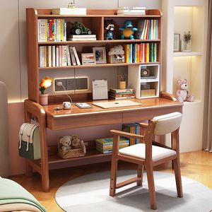 โต๊ะไม้เนื้อแข็งพร้อมชั้นวางหนังสือโต๊ะคอมพิวเตอร์แบบรวม 80x60x190 ซม. โต๊ะเรียนในห้องนอนบ้านสำหรับเด็กนักเรียน - Product Image 1