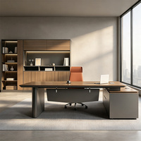 Bureau de direction de luxe en panneaux courbes, en forme de L, avec finition bois, poste de travail exécutif avec armoire latérale fixe verrouillable pour bureau de directeur