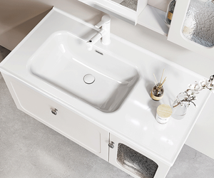 Meuble-lavabo de salle de bain moderne en bois massif style crème français avec vasque en céramique intégrée, miroir intelligent en cuivre, fixation murale, écologique - Product Image 2