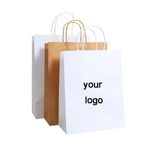 white Plain Brown Kraft Paper Bag With Twisted String Handle Custom 120Gsm Paper Shop Bags With Your Own Logo Sac En Papier Saco