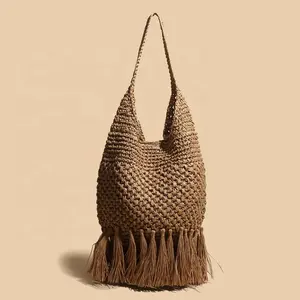Straw Bag Summer Beach Bag Handbags for Women Bohemian Style Handmade Tassels Bag Paper Fashion Single Daily Polyester Button