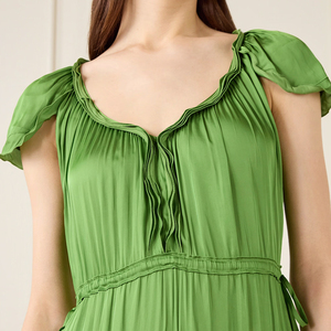 Abito Midi Fluido con Volant in Raso <span class=keywords><strong>Verde</strong></span> a Maniche Corte e Vita con Coulisse, Personalizzato da Wisrise Fashion Factory per <span class=keywords><strong>Donna</strong></span> - Product Image 3