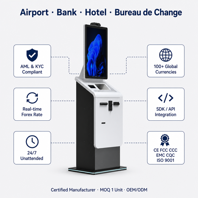 Self-service Currency Exchange Kiosk AML KYC Compliant 100+ Currencies Real-time Rate SDK Integration CE FCC CCC Barcode Reader