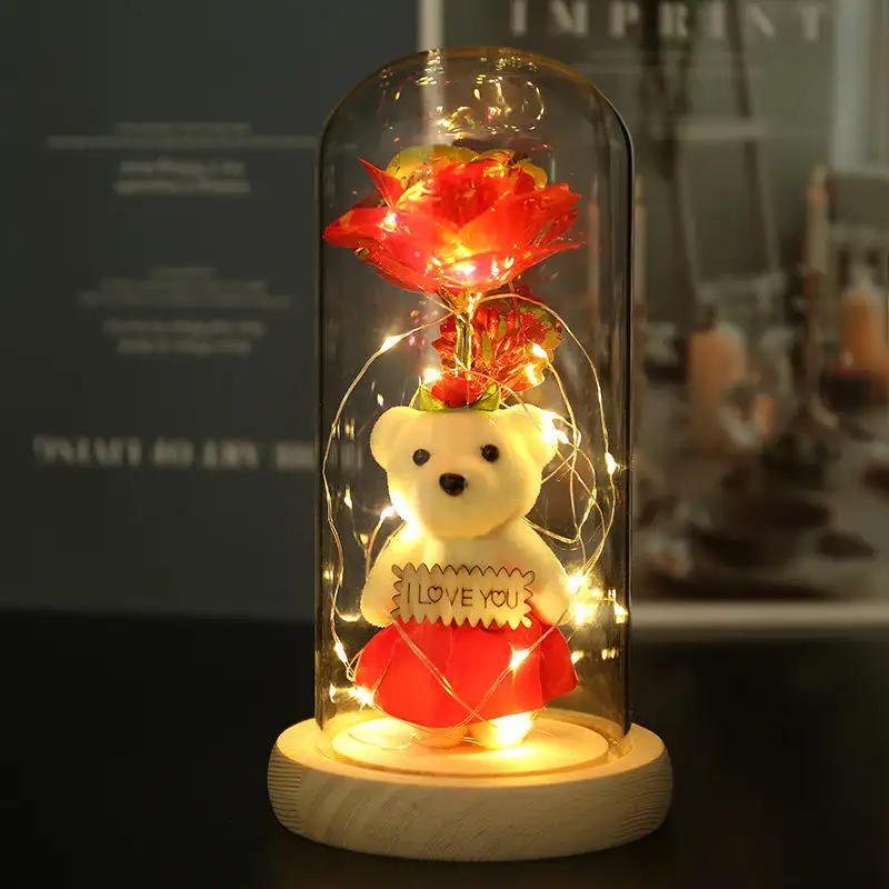 2023 Hot Selling LED Light Glass Dome Galaxy Rose Flowers With One Mini Bear For Christmas Valentine's Day Birthday Gift