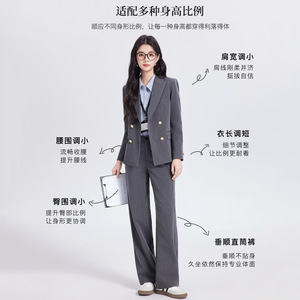 Women's Grey Suit Set Double Breasted Wide Leg Pants Business Work Interview Elegant Anti-Wrinkle Full Sleeve Worsted Fabric - Product Image 4