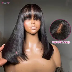 Bob Wig with Bangs Human Hair, Short Straight Bob Wig with Very Weak Yaki, Glueless Bob Bang Wigs with 2x1 Lace Top