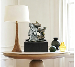 <span class=keywords><strong>Fontaine</strong></span> Bouddha en argent avec cascade de feuilles de lotus, éclairage LED et <span class=keywords><strong>bassin</strong></span> carré imitation pierre <span class=keywords><strong>pour</strong></span> décoration zen - Product Image 4